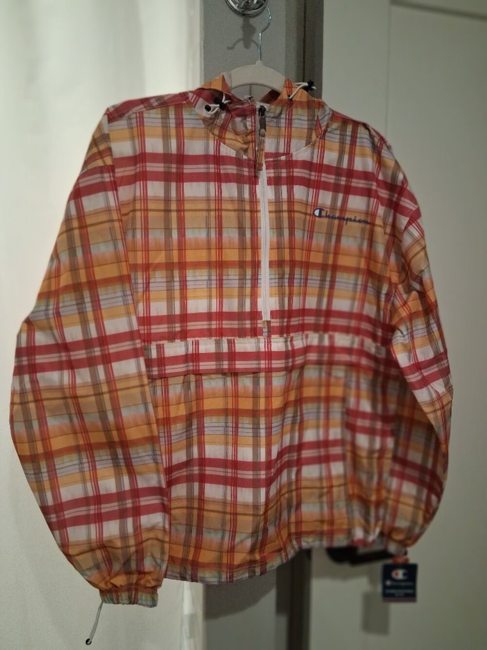NWT Champion Hooded Ikat Plaid Windbreaker Jacket M Med Kangaroo Pouch Pockets
